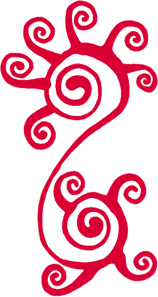 The image shows a red tribal tattoo design with swirling patterns on either side of what appears to be an abstract sun motif in the center.