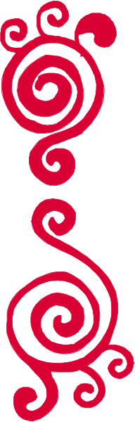 The image shows a red swirl design on a white background with two black stripes running horizontally across it.