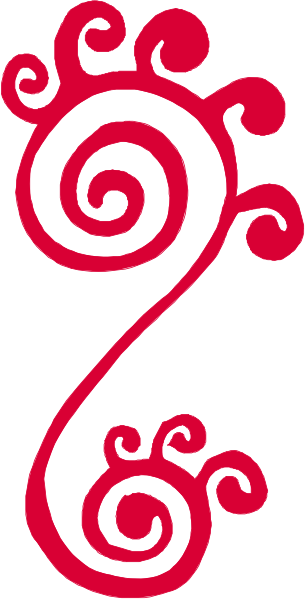 The image shows a red swirl design on top of an abstract shape that resembles a stylized number 9 with two curved lines at its base forming what appears to be leaves or petals, set against a white background. There is no text present in this clip-art style illustration. It has a decorative and artistic appearance without any specific objects, people, animals, actions, or setting identifiable within the image itself.