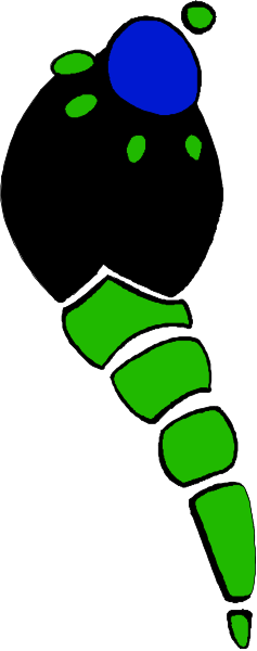 The image shows a cartoon of an alien character with blue hair standing on two legs against a gray background.