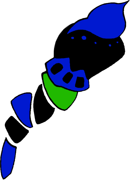 The image shows a blue object with green accents that resembles an abstract representation of something cylindrical standing upright against a white background.