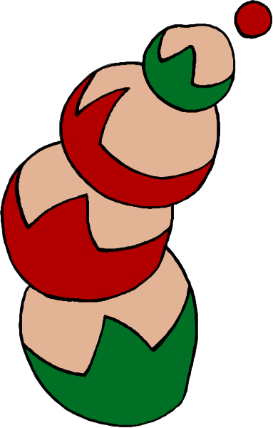 The image shows a colorful cartoon of an abstract figure that resembles a Christmas tree with red stripes on its body and green leaves atop it.