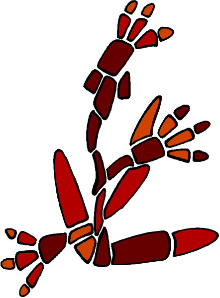 The image shows a stylized illustration of an orange flower with red petals at its center surrounded by green leaves on top right corner against white background.