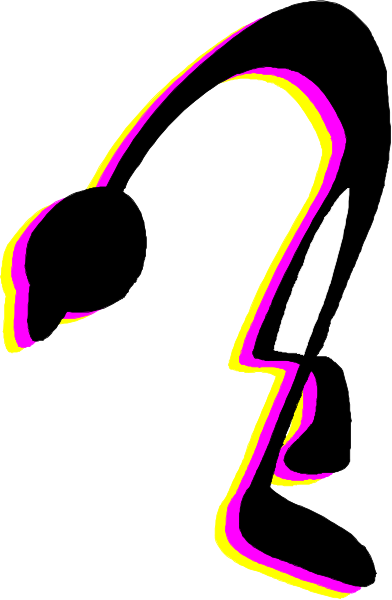 The image shows a black and white line drawing of an abstract figure with headphones on its ears, standing next to what appears to be a microphone stand in front of it.