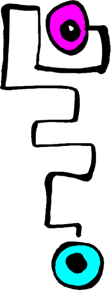 The image shows a black and white illustration of an abstract design with geometric shapes that resemble eyes on either side at top, connected by lines to what appears to be two larger circles in between them; these large circles have smaller dots around their perimeter suggesting additional elements or parts within the overall structure.