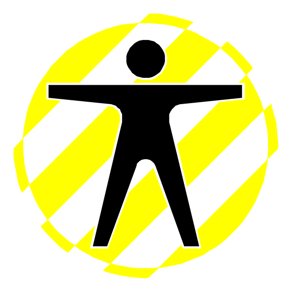 The image shows a yellow warning sign with an icon of a person standing inside it against a black background.