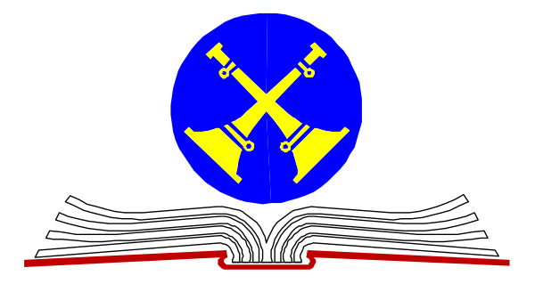 The image shows a logo with an emblem that includes crossed swords on either side of what appears to be a shield-like design in blue at its center; above this central figure is a banner bearing three crowns, and below it there's text or symbols which are not clearly legible.
