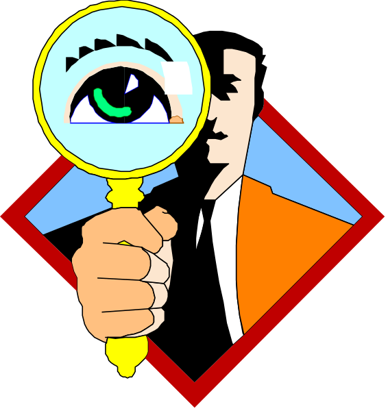 The image shows a magnifying glass with an eye peering through it from two different angles; on either side of this central object is another smaller picture showing hands holding up similar glasses to look at something out of frame, and each hand belongs to someone wearing sunglasses who appears as silhouettes.