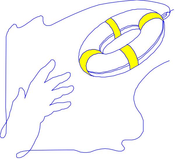 The image shows a black silhouette of an adult holding onto their head with both hands while looking upwards towards what appears to be a lifebuoy floating above them in mid-air against a dark background, suggesting themes related to distress and rescue operations.