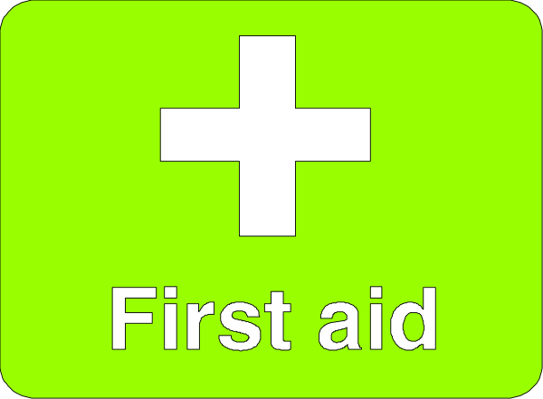 The image shows a green cross on top of an orange rectangle with white text that reads "First Aid."