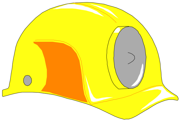 The image shows a yellow hard hat with an orange visor on top of it against a black background.