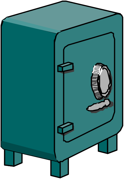 The image shows a blue safe with an open door revealing its interior.