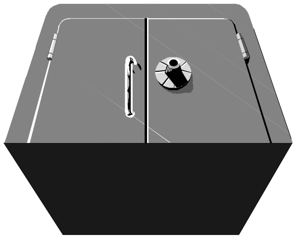 The black and white illustration shows a simple kitchen scene with an open refrigerator door on top of which rests what appears to be a small pizza oven.