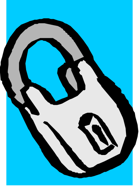 The image shows a gray lock with an attached key on it against a blue background.