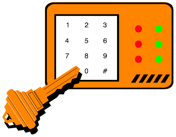 The image shows a closeup of an orange keypad with numbers on it next to which there is a hand holding a key pointing at number 1069457832. To its right, in front of the pad and slightly above it, appears another smaller panel displaying three red dots arranged vertically against each other. The background behind these objects seems dark or indistinctly colored due to their brightness. There is no text present on this image.