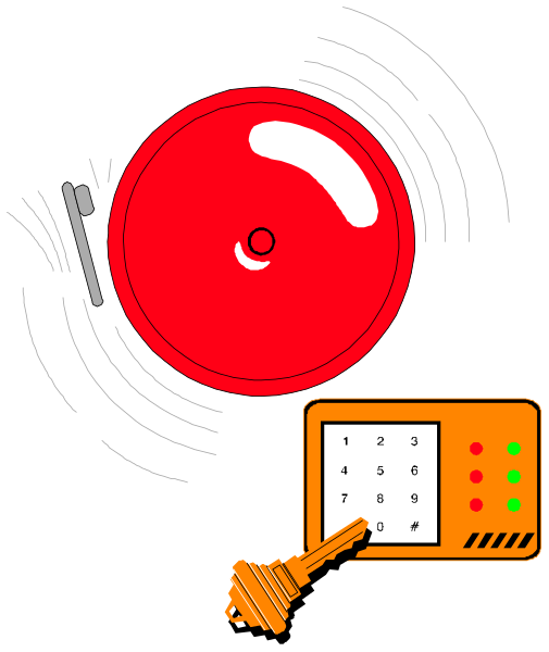 The illustration shows a red pinball machine with two bumpers on either side of it; above is an orange button labeled "start" in white text next to which there's a small calculator displaying numbers and symbols, indicating some sort of game or activity involving calculations or counting. To the right are three items: a key symbolizing unlocked access (possibly for games), another red object that resembles an alarm bell with two black dots on it atop what appears to be a small orange box labeled "safe" in white text, and below is a magnifying