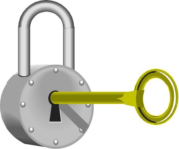 The image shows a silver padlock with two keys inserted into it on either side of an illustration that resembles a keyhole mechanism; there is no visible lock body in this close-up view.