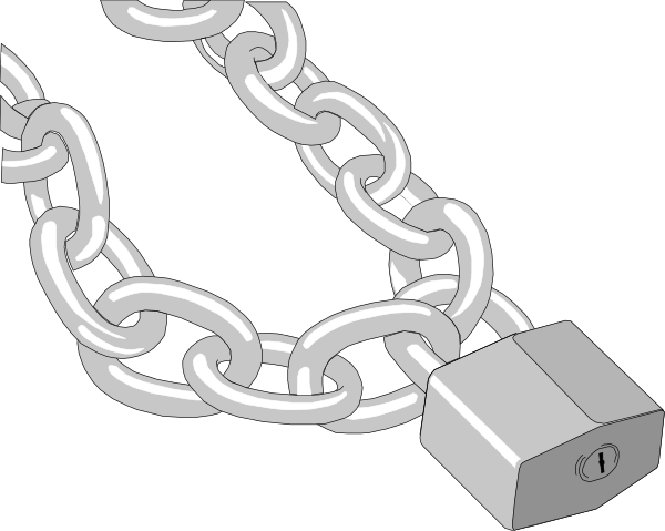 The image shows a silver padlock with two keys inserted into it on top of an open chain link fence against a black background.