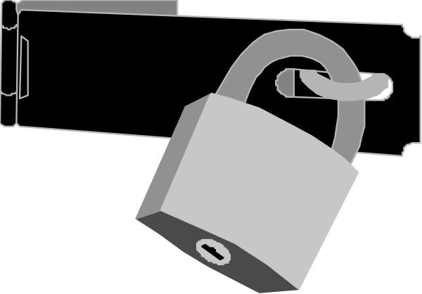 The black and white illustration shows a padlock with its shackle open next to what appears to be an envelope-like object that has been broken into pieces on one side of it.