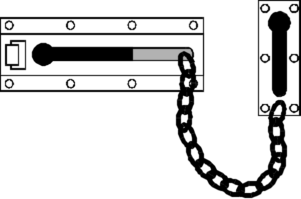 The black and white illustration shows a simple mechanical device with three distinct parts: on top is an open door latch; in the middle there's a lever that appears to be connected by pins through holes, suggesting it might operate as part of another mechanism or system below; at bottom left are two small wheels which could indicate gears.