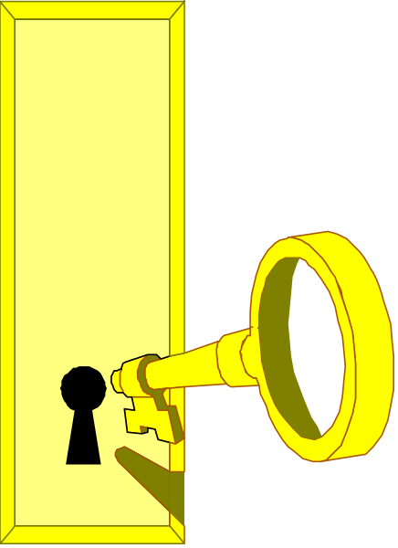 The image shows a door with an oversized golden keyhole on it next to which is a magnifying glass.