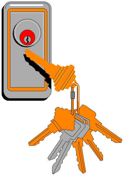 The illustration shows a key lock with an orange door handle on top of it; to its right is a set of keys hanging from what appears to be a hook attached to a wall-mounted light switch, and below that there's another image showing two sets of car keys connected by chains.