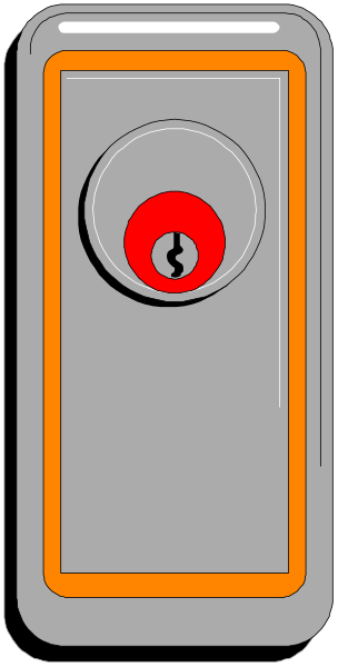 The image shows a simple electronic door lock with an orange button on top of it against a plain background.