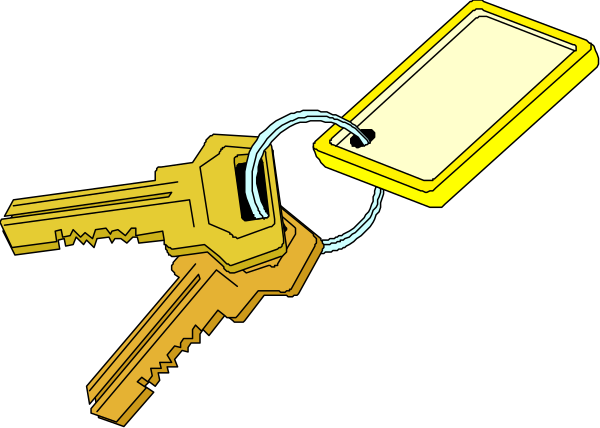 The image shows a set of keys with an attached tag hanging from them next to two keychains that have tags on their own; one is yellow while the other has no visible color information due to low resolution, and there's also another smaller object resembling a smartphone or tablet in front.