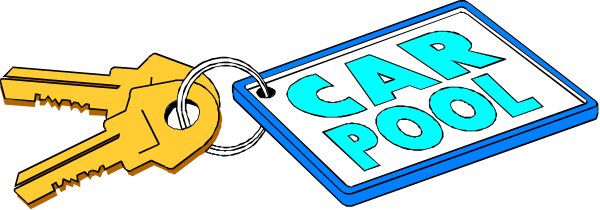 The image shows a key with two keys attached to it lying on top of what appears to be an open car door sign that reads "CARPOOL" in blue letters against a white background.