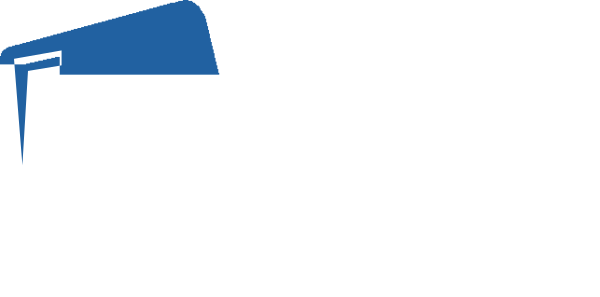 The image shows a blue flag with white text on it against an indistinct background that appears to be grayish-brown in color.