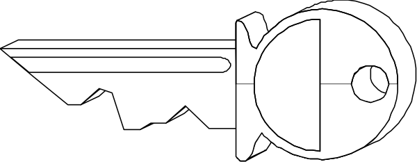 The image shows a black and white illustration of an old mechanical key with intricate designs on it against a gray background.