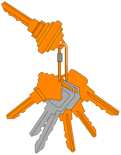 The image shows a set of keys hanging from an orange hook with multiple key heads pointing upwards against a black background.