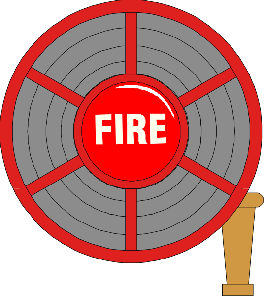 The image shows a red fire hydrant with white text that reads "FIRE" on it, surrounded by four gray reels of film tape arranged in an X shape around its base; above this arrangement is a large circular object labeled as a fan and colored black and silver, which has the word "Fire" written across it.