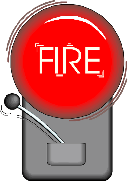 The image shows a red fire alarm button with white text that reads "FIRE" on it against an otherwise plain background.