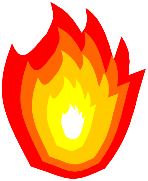 The image shows a stylized fire with flames emanating from it against an orange background.