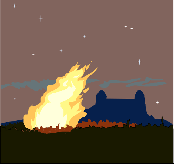 The image shows a night scene with two panels: on top, there's an animated fire burning brightly; below it is another panel showing flames engulfing what appears to be dry grass in front of silhouettes that resemble buildings and trees against a dark sky background.