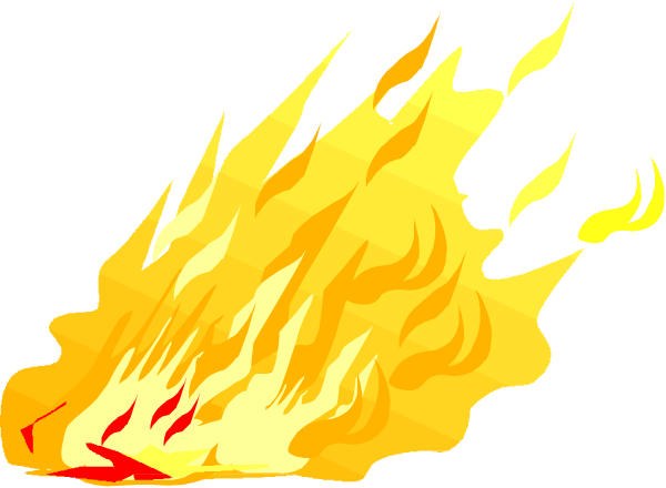 The image shows a cartoon depiction of an animated fire with flames consuming what appears to be paper or fabric material in front of it; there is no text present within this small clip-art image.