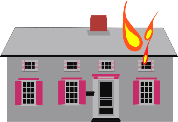 The image shows a cartoon depiction of an old house with flames coming out from its roof; there is no text present in this small clip-art illustration.