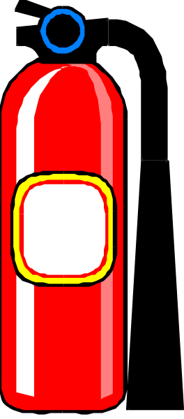 The image shows a red fire extinguisher with yellow lettering on it against a gray background.