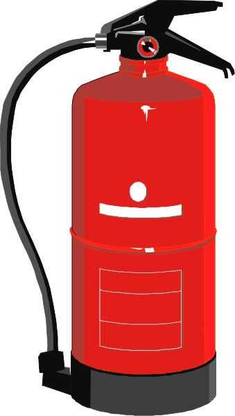 The image shows a red fire extinguisher with its hose coiled up on top of it against an indistinct background.