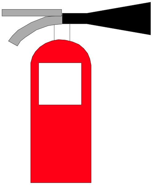 The image shows a red fire extinguisher with an attached hose on its side against a black background.