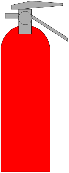 The image shows a red fire extinguisher with an attached hose on its side against a gray background; there is no text present in this clip-art illustration.