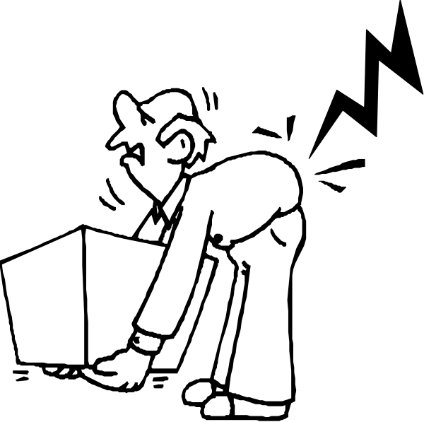 The black and white illustration shows two cartoon characters: a man bending over to pick up an object from under his arm while another character is standing next to him with their back turned towards us; both appear to be in front of boxes, possibly indicating work or storage environment.