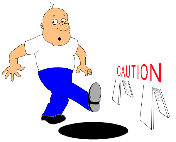 The cartoon shows two men standing near a sign that reads "CAUTION." One man is pointing at it while another looks on with his foot raised as if to kick something off of which he's balancing, suggesting an impending fall due to caution being ignored or forgotten.