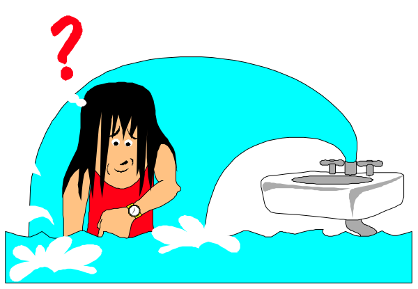 The cartoon shows a woman with long hair sitting on top of an upside down toilet bowl that is overflowing water; she appears to be in distress as if overwhelmed by her situation.