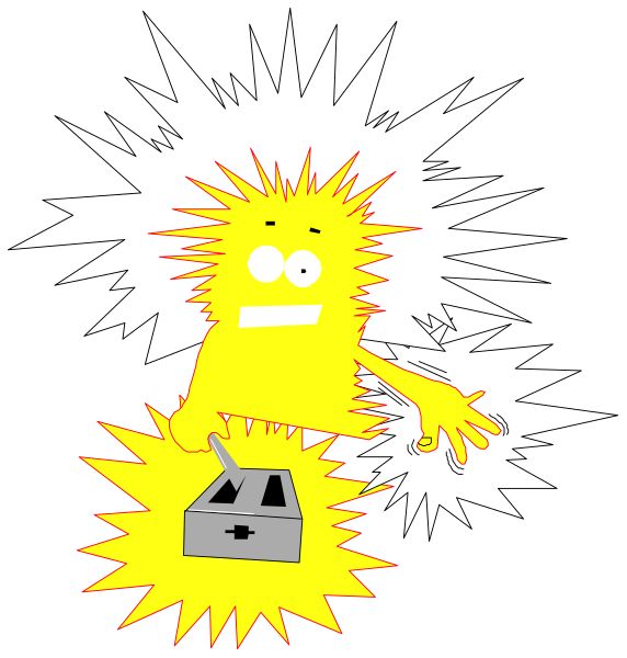 The image shows a cartoon of an electric shock with two characters: on the left is a yellow creature holding what appears to be a lightning bolt in its hand; it has one eye closed as if injured by the electricity, and there's smoke coming from behind it. On the right side, another character looks surprised or shocked at this scene. The background of both panels is black with white outlines for clarity.
