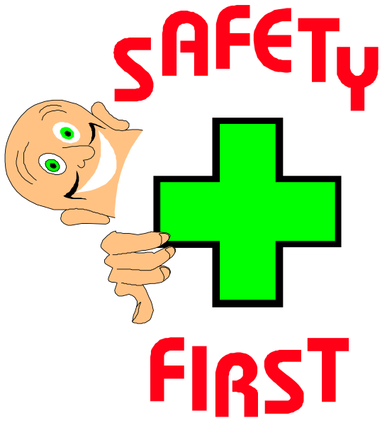 The image features a cartoon character holding up an emergency cross symbol with text that reads "SAFETY FIRST."