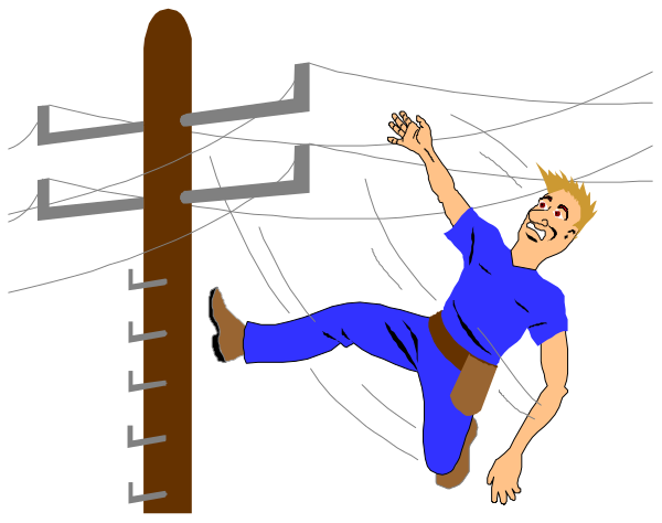 The illustration shows a man falling from an electrical wire while holding onto it with both hands; he is wearing blue overalls and has brown hair. He appears to be in mid-air against a dark background, which suggests that this could represent danger or risk associated with electricity.