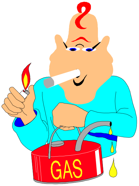 The cartoon depicts a man smoking from a pipe while holding an open gas can with "GAS" written on it in capital letters; he is wearing blue pajamas and has red hair styled into horns, along with devilish facial features such as pointed ears and eyebrows that are shaped like the letter 'M'.