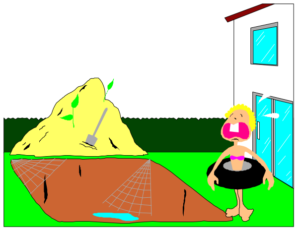 The image shows a cartoon of two characters: an adult male with blonde hair who is shouting "Oh my God!" while holding his head in disbelief as he looks at something on the ground; next to him, there's another character that appears to be a young girl or boy looking upwards and pointing towards what seems like a large pile of dirt. The setting includes an outdoor area with grassy terrain where both characters are standing near each other. There is also some text in the image which reads "Oh my God!"